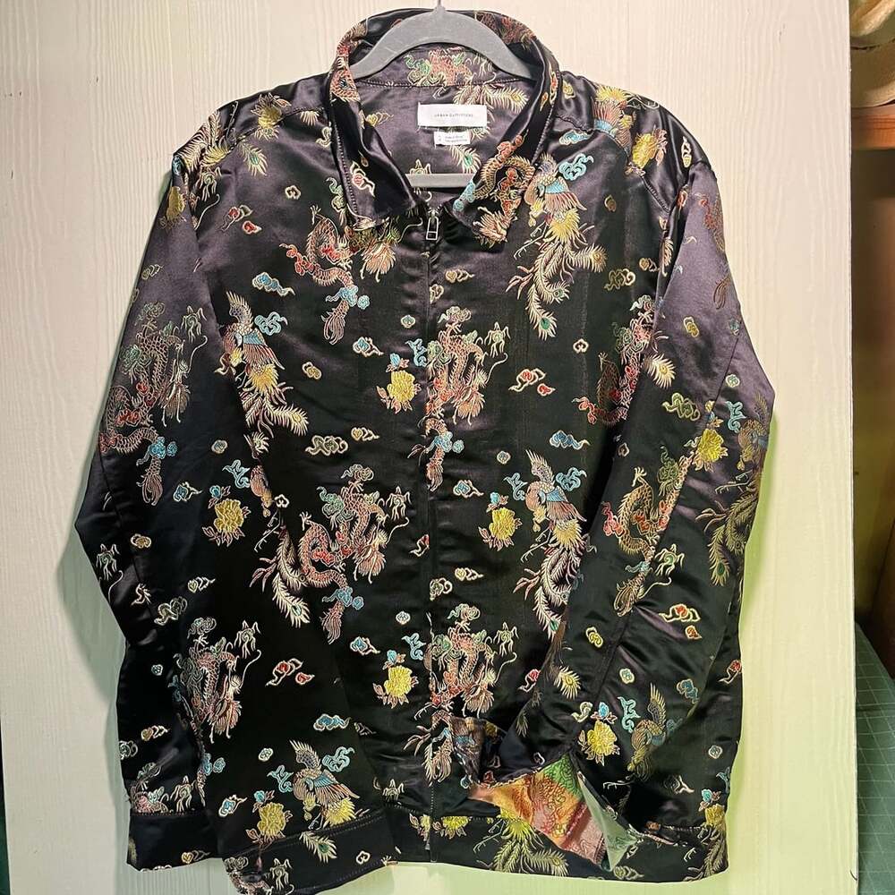 Urban Outfitters Black Dragon and Phoenix Embroidered Satin Zip-Up Jacket